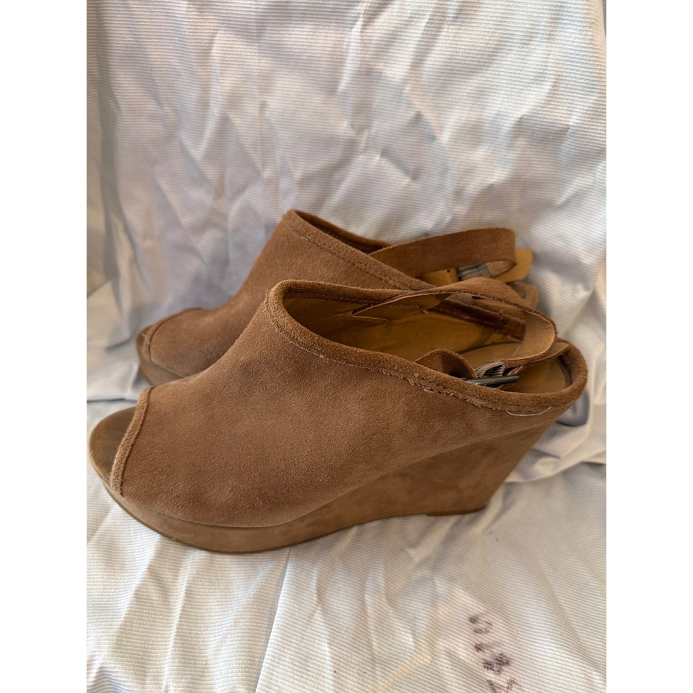 Lucky Brand Tan Suede Peep Toe Wedge Sandals Slingback Platform‎ Shoes Womens